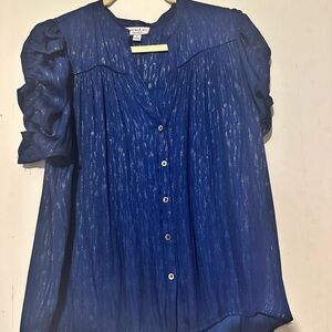 Current Air Blue Puff Sleeve Blouse with Mandarin Collar
